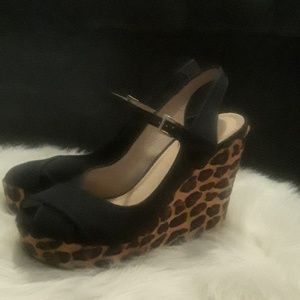 TORY BURCH Ollie Black & Leopard Calf Hair Wedge